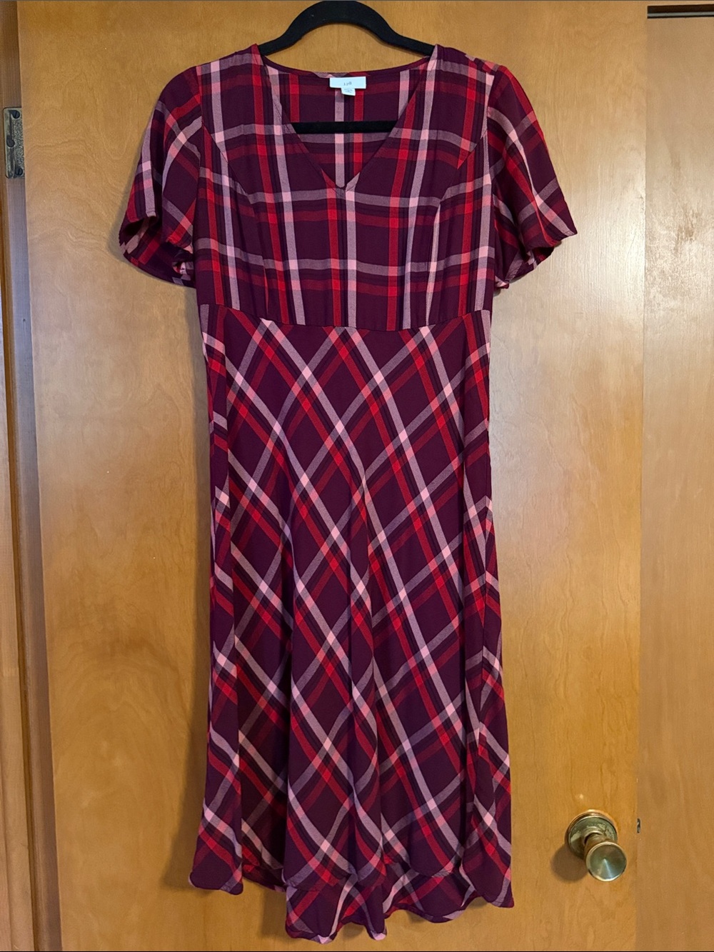 J. Jill Burgundy and Red Plaid Midi Dress